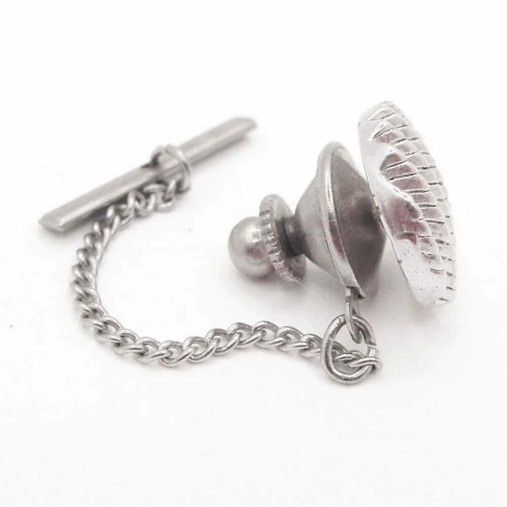 Vintage Silver Tone Round Textured Ribbed Cable Rope Dome Tie Tack Chain T-Bar
